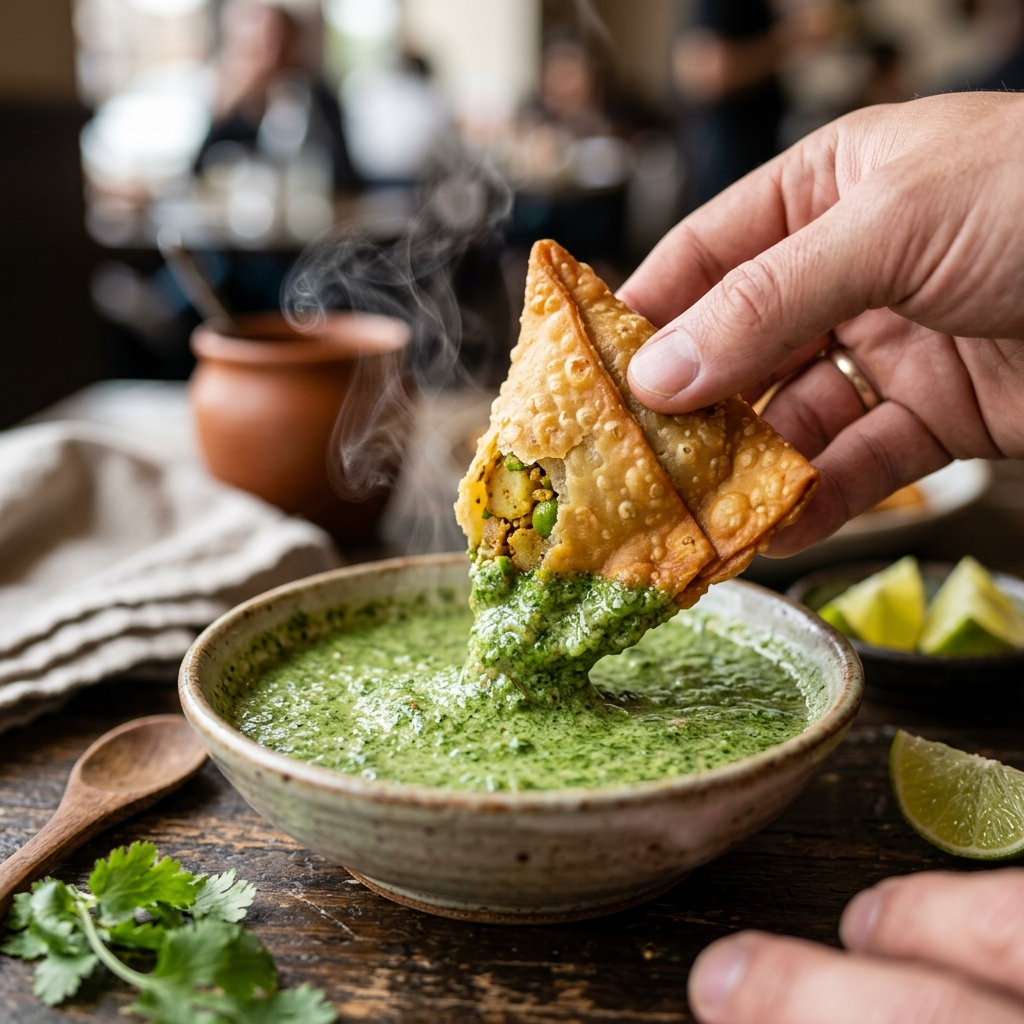 Dipping golden samosa